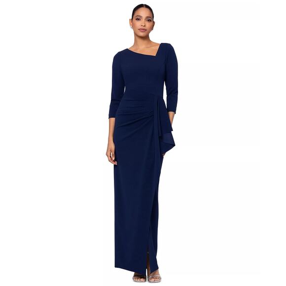 Xscape Women's Asymmetric-Neck 3/4-Sleeve Long Dress Navy Blue Size 16 NWT